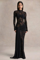 Akira | Black Lace Maxi Dress With Sash-Detail