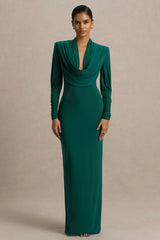 Kaylee | Bottle Green Cowl-Neck Maxi Dress With Draping Details