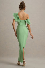 Angelina | Green Draped Shoulder Maxi Dress