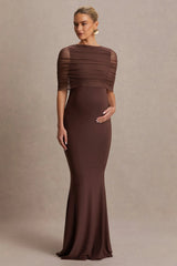 Zaria | Brown Crew-Neck Maternity Maxi Dress With Cape-Overlay