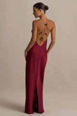 Cher | Burgundy Satin Square-Neck Maxi Dress With Embellished-Detailed Open-Back