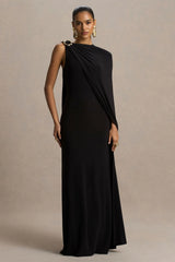Cressida | Black Asymmetric-Neck Maxi Dress With Cape And Gold Detail