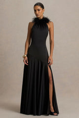 Jemima | Black Satin Halter-Neck Maxi Dress With Feather Trim
