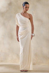 Iberia | Cream Asymmetric-Neck Maxi Dress With Draped Detail