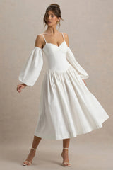 Macie | Cream Sweetheart Midi Dress With Balloon Sleeves