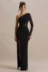 Melody | Black Asymmetric-Neck Maxi Dress With Lace Detailing And Front-High Split