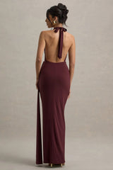 Rosina | Burgundy Halter-Neck Draped Maxi Dress With Sash