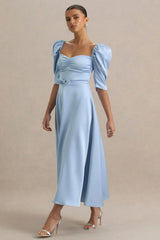 Rosey | Powder Blue Satin Sweetheart Midi Dress