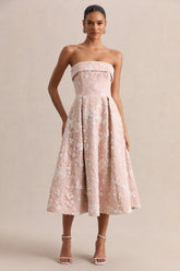 Amaris | Pink Embellished Floral Bandeau Skater Midi Dress