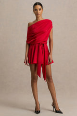 Clydie | Red Satin Asymmetric Playsuit With Tie-Waist