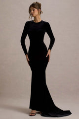 Keaton | Black Velvet Long-Sleeve Open-Back Maxi Dress