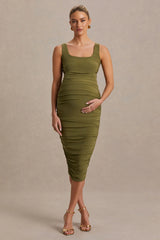 Lisbon | Olive Maternity Square Neck Ruched Midi Dress
