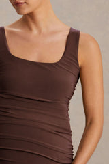 Lisbon | Brown Maternity Square Neck Ruched Midi Dress