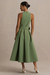 Elisia | Olive Crew-Neck Belted Midi Dress