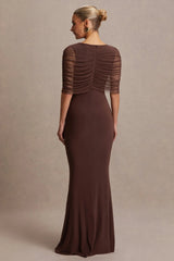 Zaria | Brown Crew-Neck Maternity Maxi Dress With Cape-Overlay