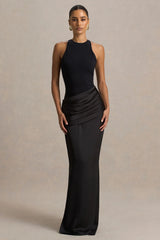 Akari | Black Crew-Neck Maxi Dress With Satin Skirt