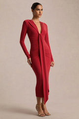 Ivara | Red Plunge-Neck Maxi Dress With Ruched Detailing And Sash