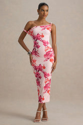 Tatian | Pink and Orange Floral Print Twisted Asymmetric Midi Dress