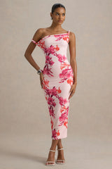 Tatian | Pink and Orange Floral Print Twisted Asymmetric Midi Dress