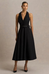 Alessa | Black Plunge-Neck Tailored Midi Dress