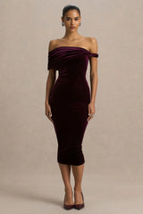 Billie | Burgundy Velvet Bardot-Neck Midi Dress With Twist-Sleeve