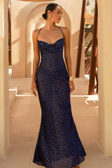 Marya | Blue Leopard Print Cowl-Neck Slip-Maxi Dress