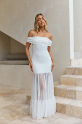 Delicate Days Off Shoulder Maxi Dress White