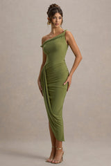 Angelique | Olive Green Twisted Asymmetric Maxi Dress