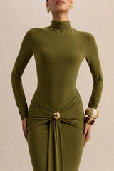 Ambrette | Olive High-Neck Maxi Dress With Gathered-Detailing