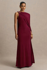 Cressida | Burgundy Asymmetric-Neck Maxi Dress With Cape And Gold Detail
