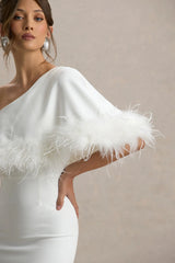 Valor | White Asymmetric Maxi Dress With Feather Trim