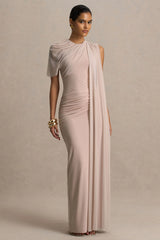 Brenda | Champagne Crew-Neck Maxi Dress With Mesh Cape And Sash