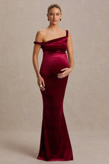 Tallulah | Burgundy Velvet Asymmetric-Neck Maternity Maxi Dress With Twist-Sleeve