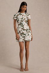 Ophelia | White And Green Embellished Sequin Floral And Mesh Mini Dress With Short Sleeves