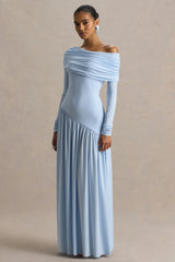 Farah | Powder Blue Asymmetric-Neck Maxi Dress With Drop Waist And Ruched Detailing