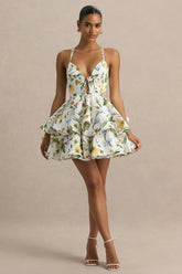 Flavia | White Botanical Print Plunge-Neck Ruffled Skater Micro-Mini Dress