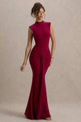 Graziana | Burgundy High-Neck Gathered Draped Maxi Dress