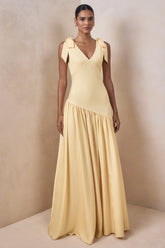 Cala | Lemon Satin Plunge-Neck Maxi Dress With Bow-Sleeves