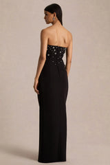 Saphira | Black Hand-Embellished Bandeau-Neck Maxi Dress