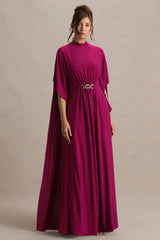 Olessia | Burgundy Belted Gathered Cape-Sleeve Maxi Dress