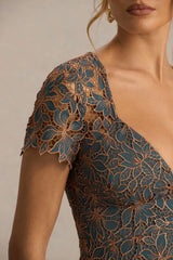 Sabrina | Dark Green And Rust Embroidered Plunge-Neck Midi Dress