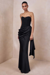 Oakley | Black Satin Bandeau Maxi Dress With Draped Skirt