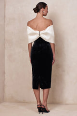 Twilight | Black And White Velvet Bardot-Neck Midi Dress With Oversized Satin Bow