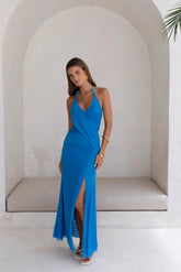 Kiss And Tell Mesh Halter Maxi Dress Blue