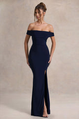 Law of Attraction | Navy Bardot Draped Split Maxi Dress