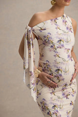 Katarine | Peach Floral Print Asymmetric Knot Maternity Midi Dress