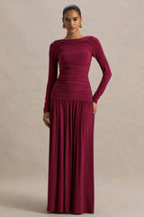 Aniyah | Burgundy Slashed-Neck Maxi Dress With Ruched Detailing