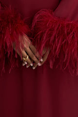 Adella | Burgundy Satin Feather-Trim Maxi Dress