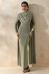 Lysoria | Olive High-Neck Maxi Dress With Draped-Detailing And Cape-Sleeves