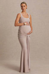 Baylin | Nude Square-Neck Maternity Maxi Dress With Ruched Detailing And Sash